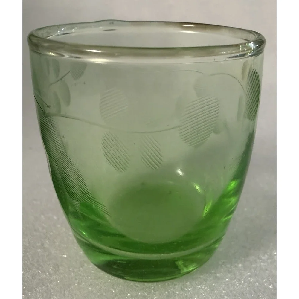 Uranium Glass Cordial Shot Glass Etched Floral UV Glow 2.75